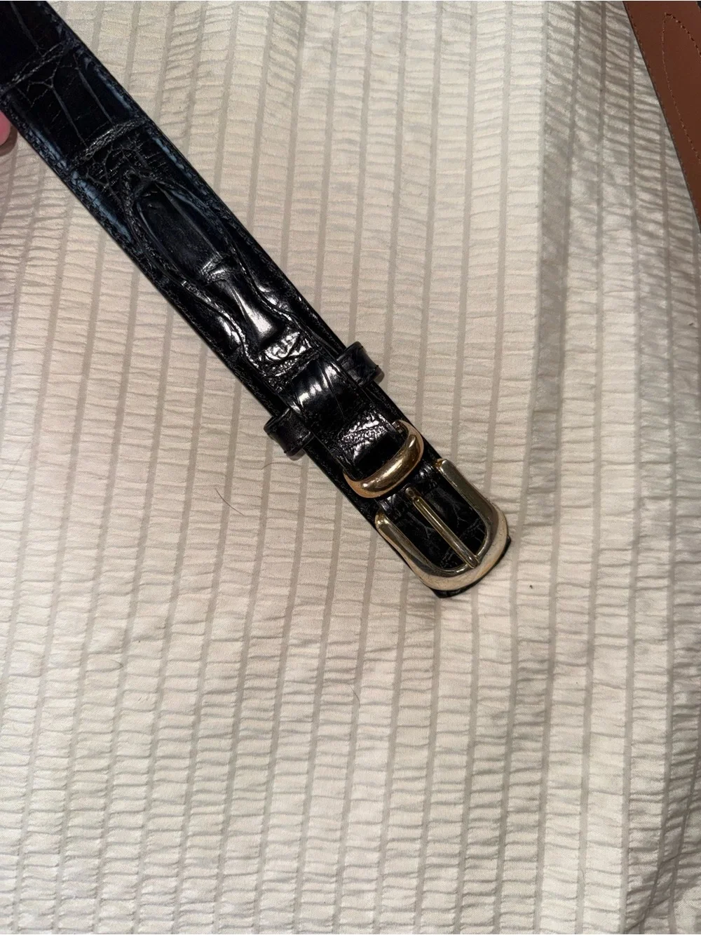 Vintage Lands End Made in USA Black Croc-Embossed Leather Belt Brass Buckle